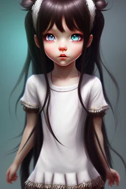 Loli, hands behind back, wholesome, innocent, long black hair, tilted head, brown