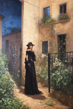 Night, one woman, ancient house, vegetations, flowers, metal fence, dirt, horror gothic films influence, hyperrealism, charles leickert, and anna boch paintings