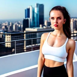 professional photo of a beautiful young woman, gorgeous beauty, sweaty pale skin, symmetrical face, wearing white sports bra, toned stomach, perfect boobs, dense voluminous hair, rooftop terrasse gym in background, penthouse environment, stunning background with city view, cinematic lighting, highly detailed, intricate, sharp focus, (((depth of field))), (((f/1.8))), 85mm, (((professionally color graded))), (((dusk))), soft diffused light, volumetric fog, hdr 4k, 8k