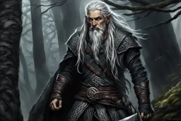 ancient grizzled, gnarled elf vagabond wanderer, long, grey hair streaked with black, highly detailed facial features, sharp cheekbones. His eyes are black. He wears weathered roughspun Celtic clothes, emaciated and tall, with pale skin, full body , thigh high leather boots and has a dark malevolent aura within swirling maelstrom of ethereal chaos in the comic book style of Bill Sienkiewicz and Jean Giraud Moebius in ink wash and watercolor, realistic dramatic natural lighting