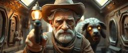 gritty air brush 3d with pen outline,seasoned handsome gunslinger western fluffy elder woman edgy hero with slightly glowing eyes and nudged dented skin in front of glistening space tardigrade dog, shallow depth of field, warm lantern, pin hole cam in doll house space ship, bottom floor board edge border