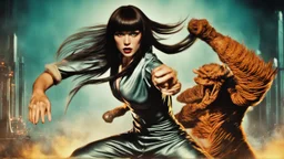 Full-body retro photo of a woman with straight hair and a Fringe, in a fight with a monster, wrapped in tenacles, in an action pose, sci-fi Background