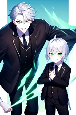 plauge doctor in balck leather coat and suit with silver hair, pale skin and bright green eyes smiling with sharp teeth, nice young face, male, viscious smile