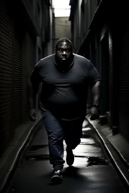 Big fat black man running in a dark alleyway