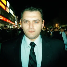 very grainy discolored photo, face portrait, night street, grunge, 2000s Russia, businessman, extremely gaunt, haughty, perfect looking, striking features, nice suit, extremely pale, inhuman