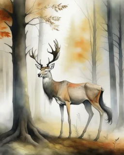 deer with antlers standing sideways, looking at viewer, realistic water color painted, among tall simplified tree trunks, foggy, pastels, colorful