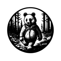Sticker design on white background, Teddybear walking in a forest, in Carl Barks style, ambient light, high details, photorealistic, monochrome, black and white