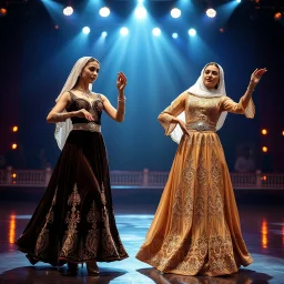 single women in elegant, long, flowing dress (possibly Azeri don or similar styled), made from rich fabrics like velvet or silk, adorned with intricate gold or silver embroidery, particularly on the bodice and sleeves. she wear delicate, often lace headscarves (kelaghayi) covering their hair, and traditional Azerbaijani jewelry (layered necklaces, large earrings, intricate wsilver belts with coin motifs). with dance shoes ,with dance shoes,at a opera modern stage with dynamic animating lights Th