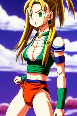 In the style of Toriyama, hyper detailed, strikingly beautiful teen female, 16 years old, long ponytail, ginger hair, green eyes, medium freckles, full lips, full body, full face, tiny breasts, athletic, centred camera, ignore NSFW, bikini, Videl, athletic