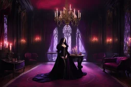 A decadent gothic mansion interior during a surreal psychedelic night party, candlelight everywhere, drifting incense smoke, velvet drapes in deep crimson and violet, baroque furniture, guests in dark aristocratic clothing moving dreamily. At the center stands Vampirella — a tall, striking woman with long flowing black hair, pale porcelain skin, and intense dark eyes. Her features are sharp, sensual, and almost supernatural in elegance. She stands slightly apart from the crowd, calmly discussing