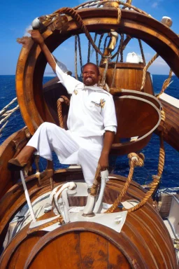 a cheerful sailor sitting on rum barrels aboard a sailing ship at sea, with the ship's steering wheel in the background