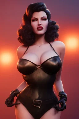 Rita Hayworth as evil queen in black leather, busty, cleavage, dominatrix, curvy, angry, stern look. character design by cory loftis, fenghua zhong, ryohei hase, ismail inceoglu and ruan jia. unreal engine 5, artistic lighting, highly detailed, photorealistic, fantasy