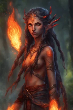 Fire Eladrin druid female. Hair is long and bright black part glows. Part of hair is braided and fire comes out from it. Big bright red eyes. Is generating fire with her hands and fire are coming our off them . Skin color is tanned. Has a huge scar on face.