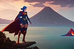 Supergirl fighting King Kong in a Pacific island with a volcano.