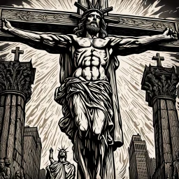 crucified on the cross christ liberty hybrid tone, woodcut, engraved, wall street journal style, statue of cruicified Jesus of Liberty with a beard and wearing a cross and hanging from a cross, The statue male, hyperdetailed intricately detailed photoillustration ink drawing dystopian 8k resolution entire body of the statue is in the picture. digital illustration telephoto lens photography , same colors as the us treasury's one dollar bill, crucified"