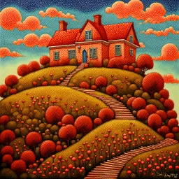 a painting of a house on a hill, a pointillism painting by Sylvia Wishart, deviantart, kinetic pointillism, detailed painting, whimsical, storybook illustration