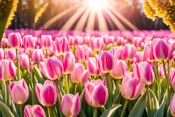 magic romantic garden with pink tulips, pink, parma, or gold light effects colors, pink tulips flowers, rays of the sun, realistic, highly detailed, high contrast, 8k, high definition, concept art, sharp focus