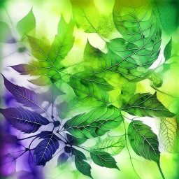 A vintage microscopic serigraphy of leaves, with an out of focus, psychedelic and abstract appearance. The image is dominated by a white background with subtle gradients of light green, deep purple, and yellow. The grainy texture and vintage look of the image evoke a sense of nostalgia and intrigue.