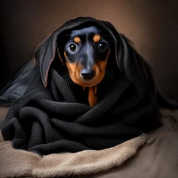 Disney style picture of a black and tan short hair dachshund puppy of 7 months. wrapped up in a blanket