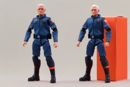 Box of Mike pence g.i. joe toy figure With a Laser gun space force Blue fabric uniform, fluorescent orange, whole body wide view, black boots full body packaging feet