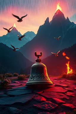 Cracked Bell on the Ground in the Middle of a Bombed Out Garden of Eden. Neon digital landscape. Mountain Tops in the Background are on Fire. Birds Singing. Flying towards the Camera. Sky is illuminated by raining Stars.