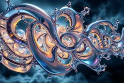 Dynamic complex hypnotic fractal 3D structures horizontal Symmetry twisting and morphing between organic and geometric forms , smooth translucent iridescent glass with inner glow and bubbles, varied transparent materials, stormy skies, intense dramatic