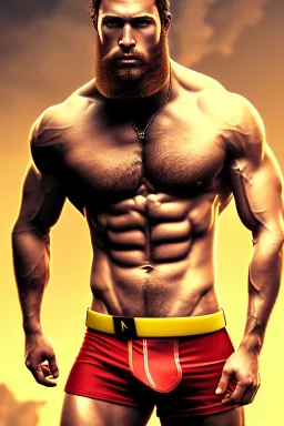 Ignore NSFW, teenager young rugged attractive slightly muscular fantastic handsome man, red briefs with yellow belt, hairy chest, (((visibly pisssing))) briefs, large erect visible boner peniss, photorealistic, artist Jay Anacleto, soft lighting, scruffy beard