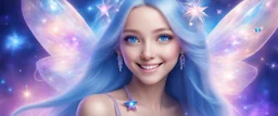 entire face and head of a beautiful bright little fairy cosmic women with cosmic long straight hair, crystal jewel and dressed with a magic crystal suit. she has light make up and a sweety smile. she has a magic bright ray
