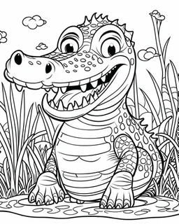 create a 2d black outline, "safari smiling cartoon crocodile coloring book for toddlers", coloring page, low details design, black contour, coloring page design, simple background, colorful , card style, coloring page for kids, white background, sketch style, safari landscape, cartoon style