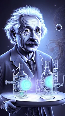 Albert Einstein, detailed and intricate calligraphy ink painting of a "cyborg Mad Scientist" holding beakers, outer space Background cosmic fractals, dystopian, concept art, unreal engine 5, god rays, ray tracing, RTX, lumen lighting, ultra detail, volumetric lighting, 3d, finely drawn, high definition, high resolution. award-winning: professional portrait: atmospheric: commanding: fantastical: clarity: 16k: ultra quality: striking: brilliance: stunning colors: amazing depth: masterfully crafted