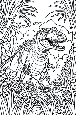 COLORING DRAW OF A TYRANOSAURUS REX ON THE JUNGLE IN CARTOON STYLE, LOW DETAILS, THICK LINES