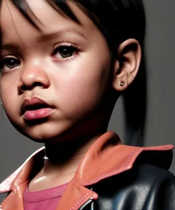 Rihanna toddler, full height, leather jacket, soft skin, dramatic lighting, hyper realistic