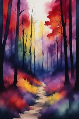 forest in dark red and purple and yellow trees and dark green and dark blue colors only, thin lines draw style , Busch painting style nightmare with sunshine in the middle, watercolors splash