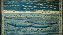 A blue watery gully with whales designed in Bayeux tapestry painted by Giovanni Battista Sassi