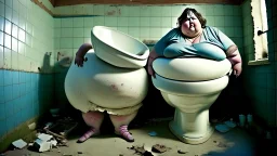 big lady stands by crumbling toilet