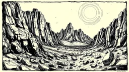 Intricately etched linocut of a mysterious rocky desert, where ancient symbols intertwine with the rugged terrain