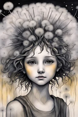 pencil and charcoal sketch of a cute happy little dandelion fairy girl, Mucha inspired emotional nature ephemeral sculptures of Andy Goldsworthy, tiny human form, essence captured as if created by surrealist photographer Noel S Osvald rendered in bright ombre colors, mixed with influences by John Bauer and Tim Burton, faded dark grey background, minimalistic art, with details that reflect advanced rendering techniques that push the drawing's realism even further Modifiers: trending on Artstation