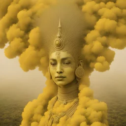 a photo of futuristic shiva, haute couture, fields of form of plants, yellow fog