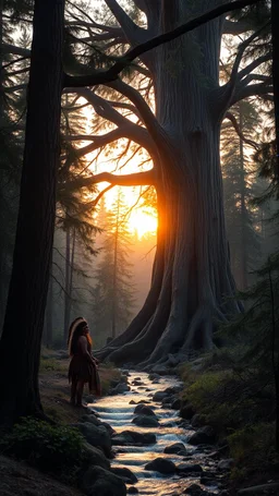 A Native American in the wood with a huge trees , river stream in the middle , behind the tree dim light of the sunset,