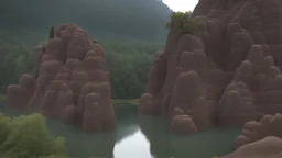 aerie made of rock reaching hundreds of feet into the sky, in a lake