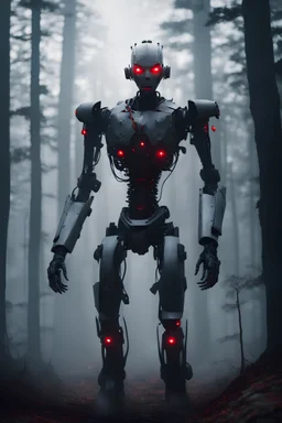 UMANOIDE MEZZO ROBOT MINACCIOSO CON GLI OCCHI ROSSI,PRONTO AD UCCIDERE, IN UN ATMOSFERA OSCURA CON UN BACKGROUND DI UNA FORESTA CON DELLA NEBBIA FATTO IN 4K