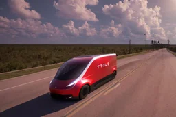 A Tesla 'Semi' (semi truck) is going at a high speed, in the 'Kennedy Space Center' in Florida. (CINEMATIC, WIDE ANGLE LENS, PHOTO REAL)