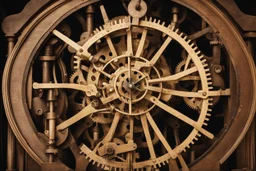 Looking down into a complicated large, old-fashioned clock mechanism with hands