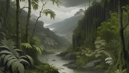 A gray jungle with a toxic river painted by Henri-Robert Bresil