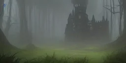 Ruined overgrown castle deep in a misty forest