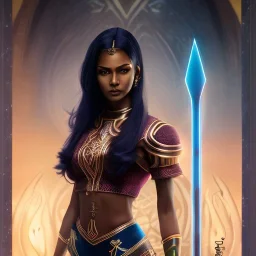 Full body, fantasy setting, woman, dark skin, Indian, 20 years old, magician, warrior, hourglass body shape, bicolor hair, muscular, cinematic, dark Arabian clothes, insanely detailed, Arabian style, half-hawk haircut, white and red hair, medieval
