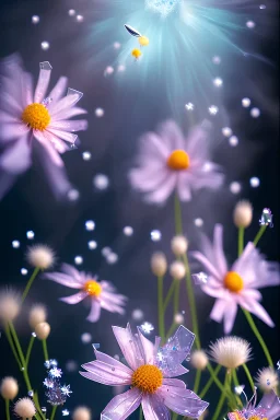 hedjuk, meadow with snow flowers and grat river shiny particles, cristal rock ,, shooting star, flying saucer