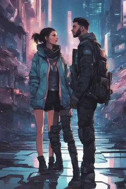 Science fiction, cyberpunk, city, couple girl and guy, love at first sight