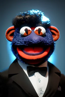 Waist up muppet Portrait, Nicolas maduro as muppet doll, black mustache, black suit, photo studio, blue background, unreal engine 5, concept art, art station, god lights, ray tracing, RTX, lumen lighting, ultra detail, volumetric lighting, 3d.