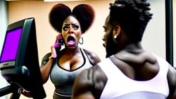 angry black lady screams while talking to Tyrone using workout machine on the phone